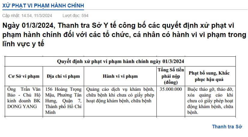 BK DONG YANG vi phạm Quảng Cáo Dịch Vụ Khám Chữa Bệnh