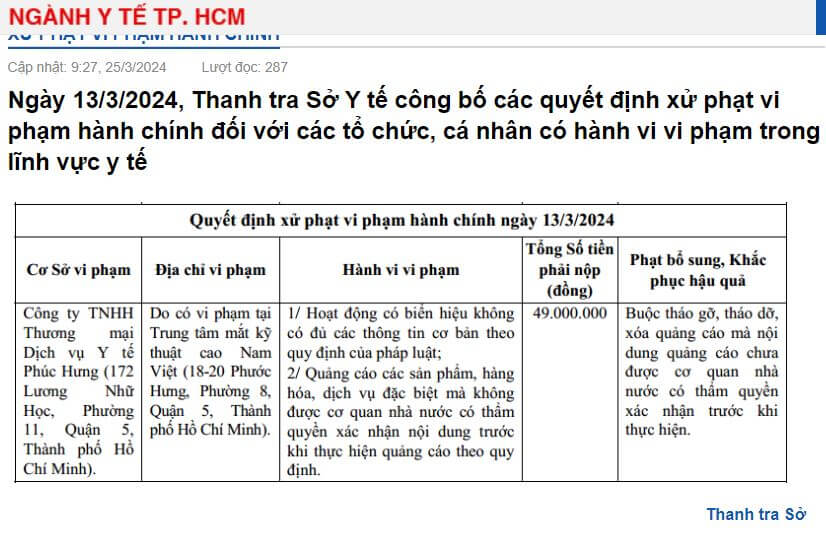 Trung tâm mắt kỹ thuật cao Nam Việt bị xử phạt 45 triệu đồng vì vi phạm quảng cáo