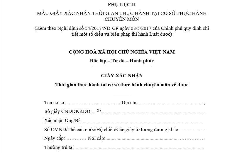 Mẫu Giấy xác nhận thời gian thực hành dược