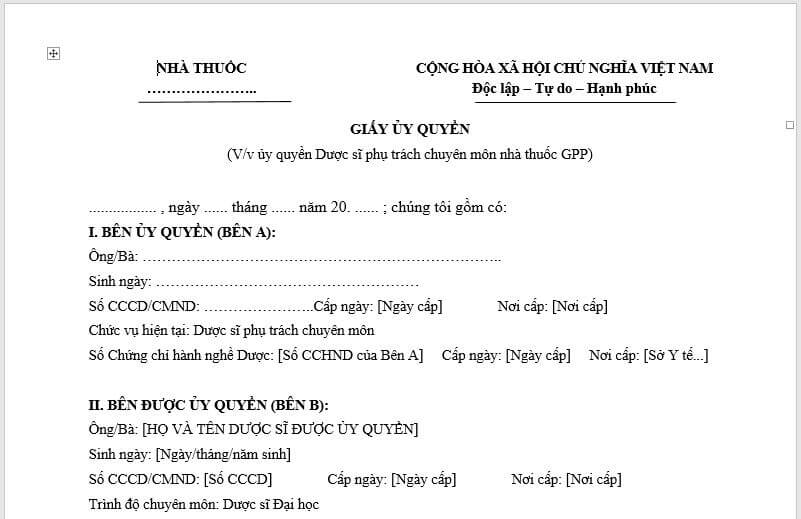 Tải ngay mẫu giấy ủy quyền dược sĩ nhà thuốc [File Doc]