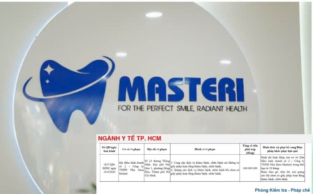 Nha Khoa Masteri (Chi Nhánh 2) Bị Phạt 160 Triệu Đồng và Đình Chỉ Hoạt Động Nha Khoa Masteri (Chi Nhánh 2) Bị Phạt 160 Triệu Đồng và Đình Chỉ Hoạt Động