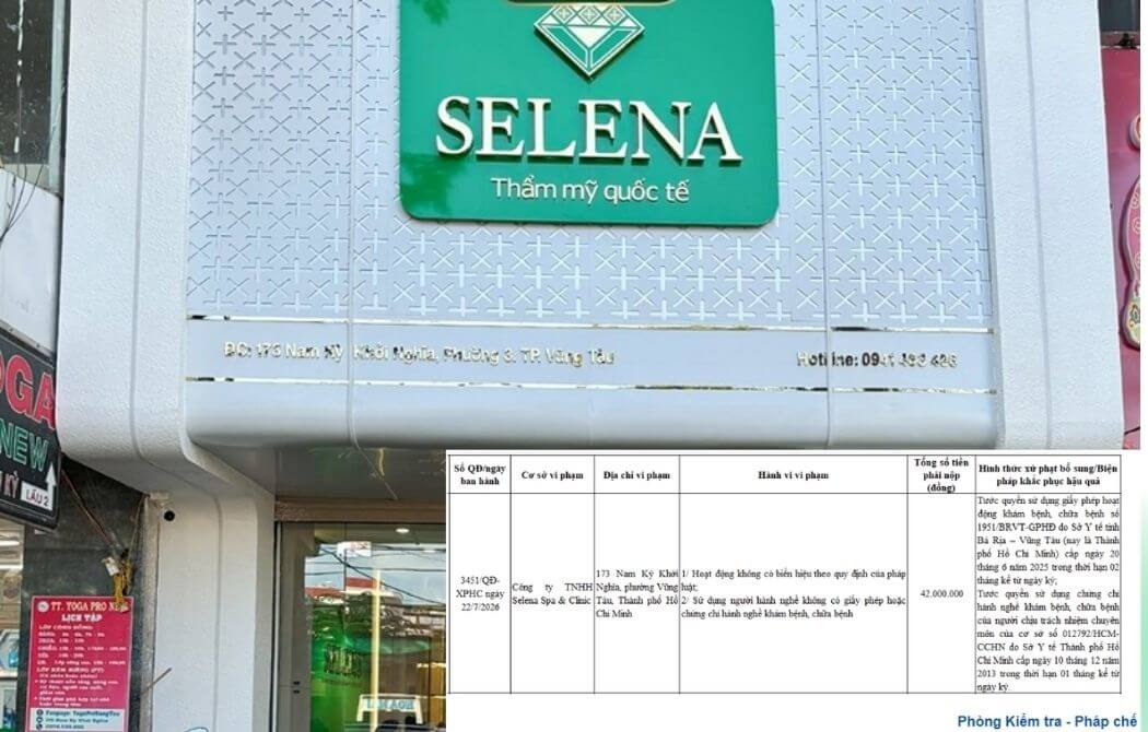 Phòng khám Selena Spa & Clinic bị phạt Phòng khám Selena Spa & Clinic bị phạt