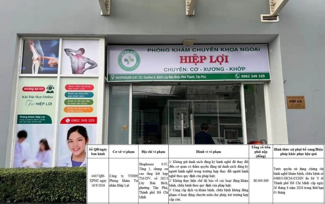 Phòng khám Cơ Xương Khớp Hiệp Lợi vi phạm Phòng khám Cơ Xương Khớp Hiệp Lợi vi phạm